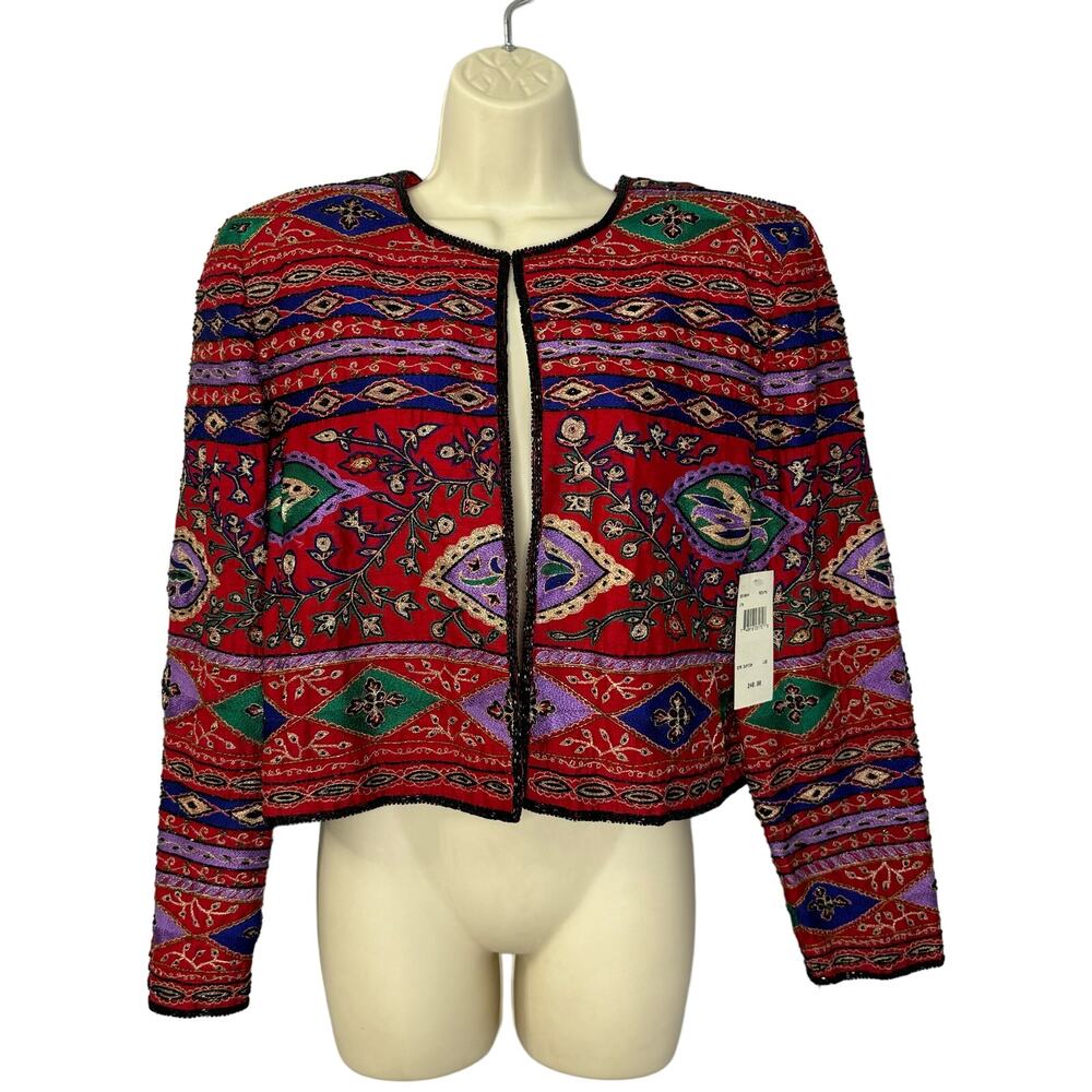 Vtg 80s Niteline Della Roufogali Red Beaded Embellished Jacket Blazer Silk Large